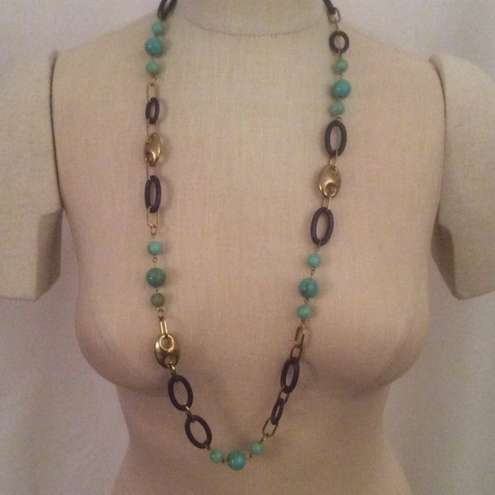 NWOT Long Boho Necklace Blues Burnished Goldtone